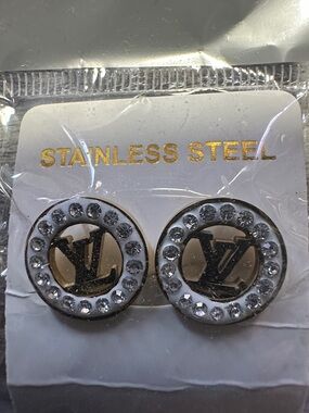 Round Crystal Logo Stainless Steel Stud Earrings - Gold & Silver